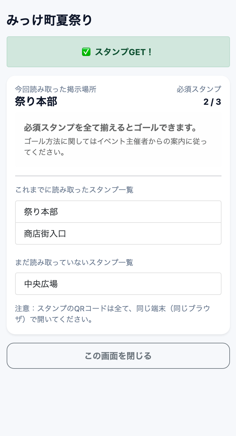スタンプ取得後の参加者画面のサンプル。取得済みの場所と残りの場所を確認できます。
